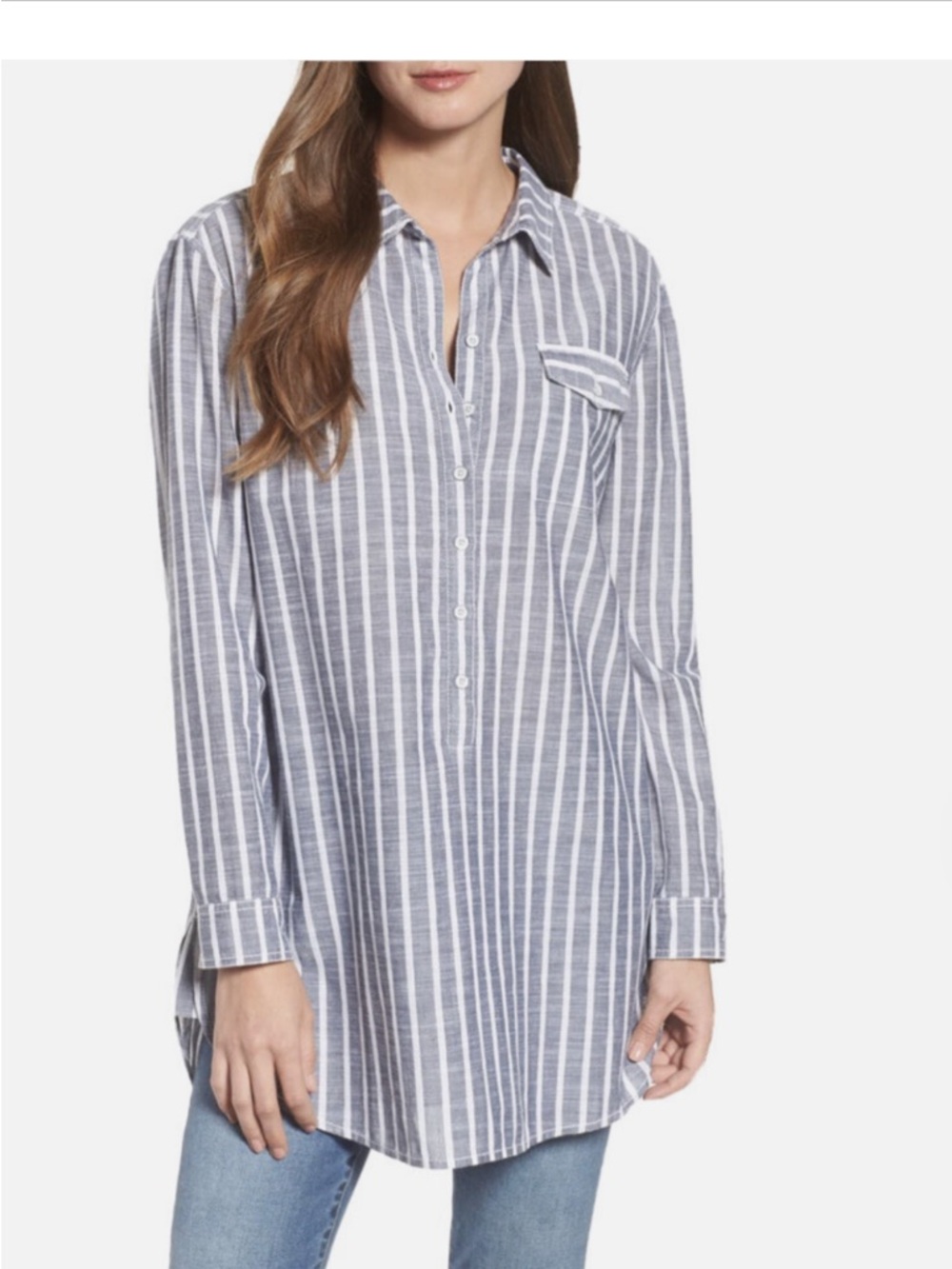 Striped 100% Cotton Button-Front Tunic Shirt - Blue & White XXL CARLSON